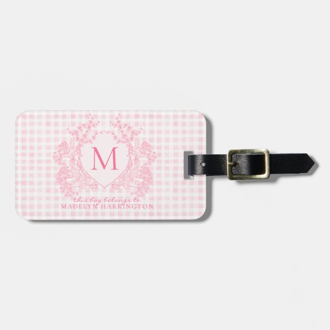 Étiquette À Bagage Monogramme de crête florale rose En vichy (Devant horizontal)
