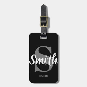 Étiquette À Bagage Monogramme de famille personnalisé noir gris et bl