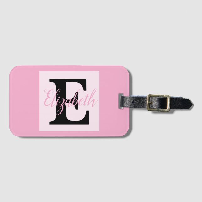 Étiquette À Bagage Monogramme de fille et nom rose violet bagages (Devant Horizontal)