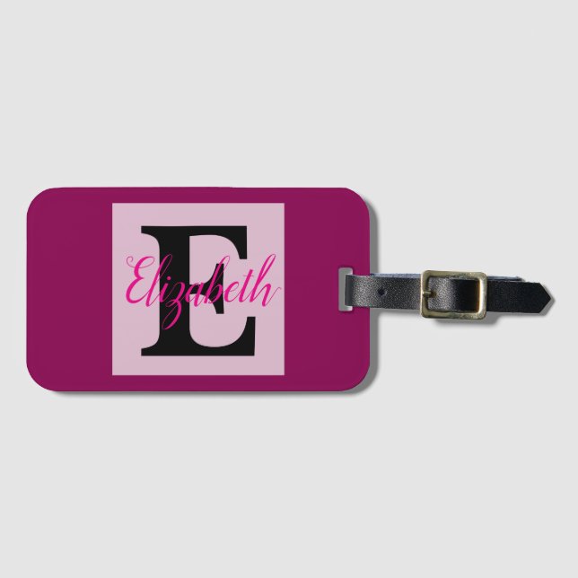 Étiquette À Bagage Monogramme de fille et nom rose violet bagages (Devant Horizontal)