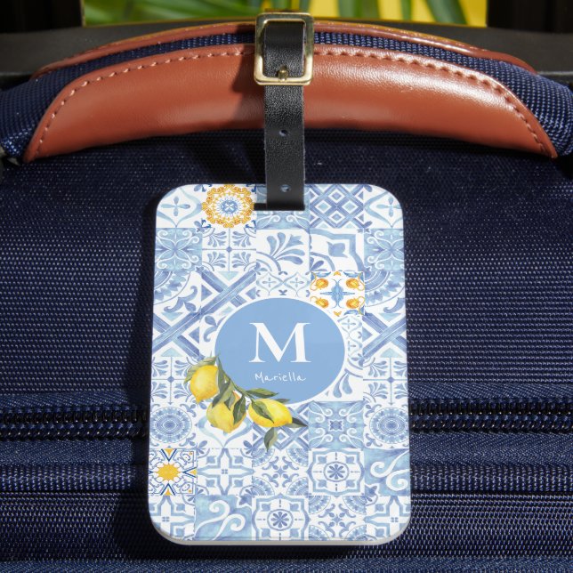 Étiquette À Bagage Monogramme de fruit de citron, carreau bleu (Insitu Rectoal 2)