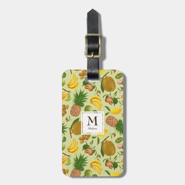 Étiquette À Bagage Monogramme de fruits tropicaux juteux peints à la  (Devant Vertical)