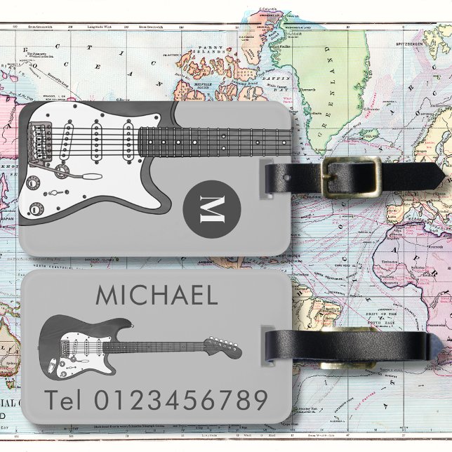 Étiquette À Bagage Monogramme de guitare électrique (Electric guitar gray illustration custom name mobile travel tag for guitarist musician music teacher)