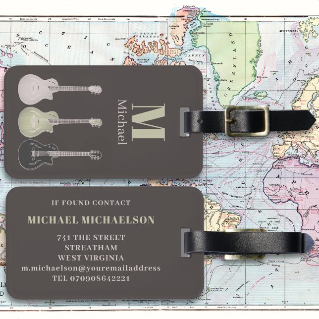 Étiquette À Bagage Monogramme de guitare électrique (Electric guitar gray monogram custom travel luggage tag for guitarist musician )
