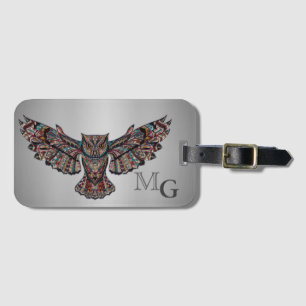 Étiquette À Bagage Monogramme de hibou en métalisé