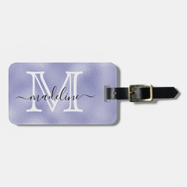Étiquette À Bagage Monogramme de huile violette moderne Nom Script in (Devant horizontal)
