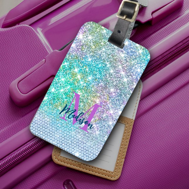 Étiquette À Bagage Monogramme de la fausse parties scintillant Turquo (Créateur téléchargé)