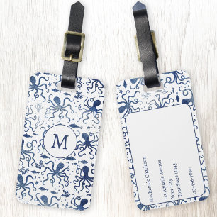 Étiquette À Bagage Monogramme de la Pieuvre Sous-Marine Aquarelle Ble