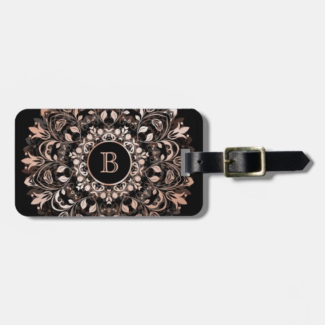 Étiquette À Bagage Monogramme de mandala floral or rose (Devant horizontal)