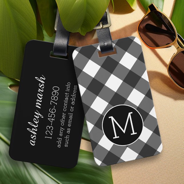 Étiquette À Bagage Monogramme de Motif de buffle blanc noir rustique (Custom Monogram Luggage Tag)