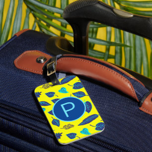 Étiquette À Bagage Monogramme de Motif de feuille tropicale jaune vif