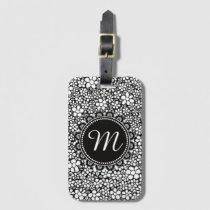 Étiquette À Bagage Monogramme de motif de fleur en noir et blanc dess