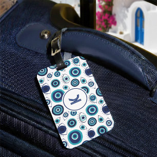 Étiquette À Bagage Monogramme de Motif de l'oeil bleu blanc grec