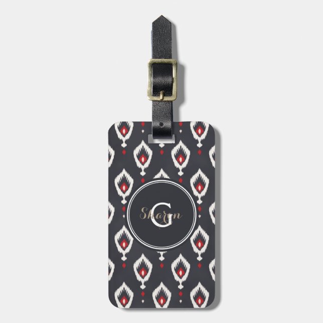 Étiquette À Bagage monogramme de motif tribal chic noir et rouge ikat (Devant Vertical)