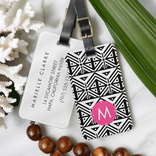 Étiquette À Bagage Monogramme de Motif tribal géométrique noir et bla