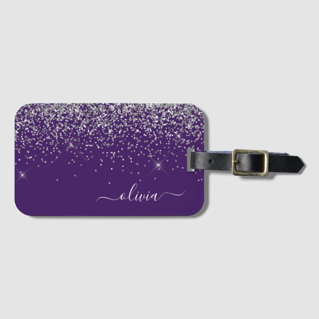 Étiquette À Bagage Monogramme de nom de fille pailleté argent violet (Devant Horizontal)