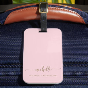 Étiquette À Bagage Monogramme de nom en écriture calligraphique rose 