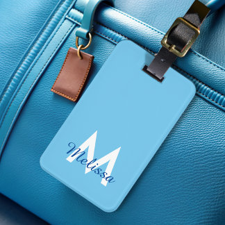 Étiquette À Bagage  Monogramme de nom girly en script moderne bleu 