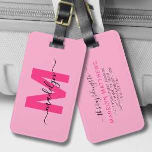 Étiquette À Bagage Monogramme de nom initial rose personnalisé