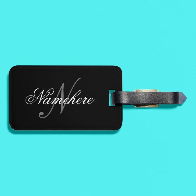 Étiquette À Bagage Monogramme de nom noir et blanc personnalisé uniqu (Créateur téléchargé)
