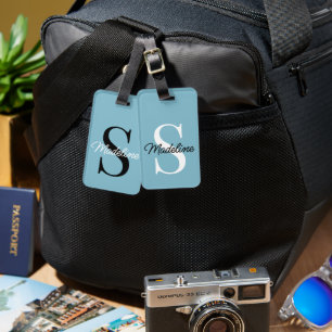 Étiquette À Bagage Monogramme de nom personnalisé sur joli bleu sarce