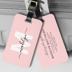 Étiquette À Bagage Monogramme de nom rose blush féminin personnalisé