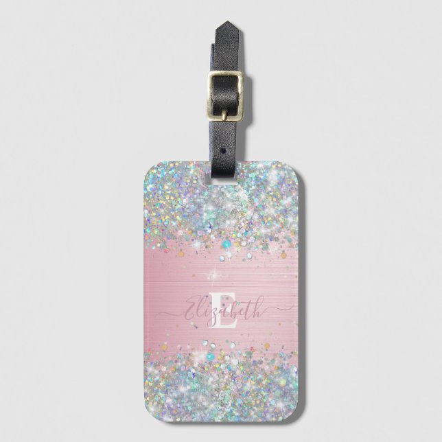 Étiquette À Bagage Monogramme de Parties scintillant moderne Blush Ho (Devant Vertical)