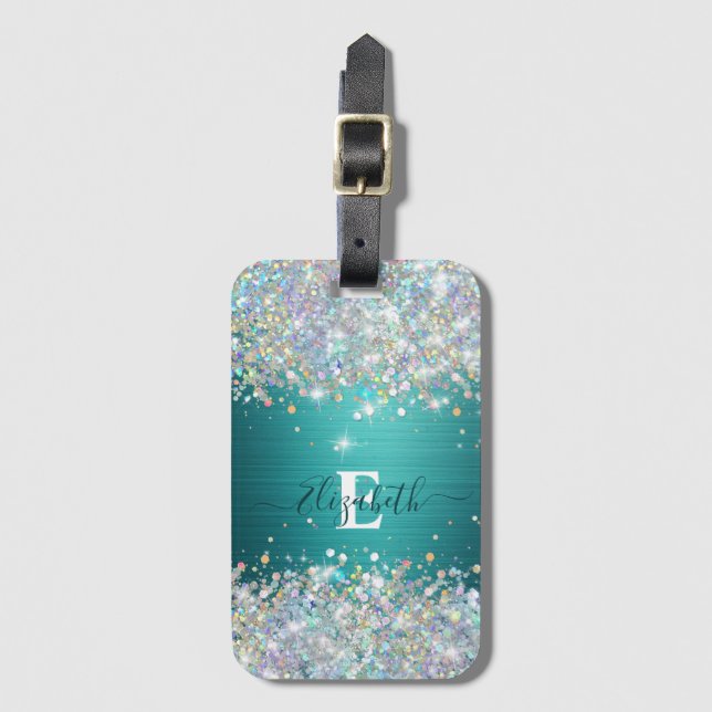 Étiquette À Bagage Monogramme de Parties scintillant Turquoise modern (Devant Vertical)