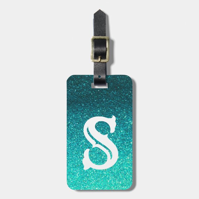 Étiquette À Bagage Monogramme de Parties scintillant Turquoise Ombre  (Devant Vertical)
