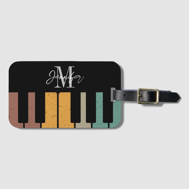 Étiquette À Bagage Monogramme de piano rétro Nom personnalisé (Devant Horizontal)