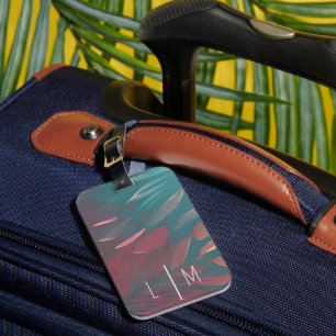 Étiquette À Bagage Monogramme de plumes roses et sarcelles abstraites
