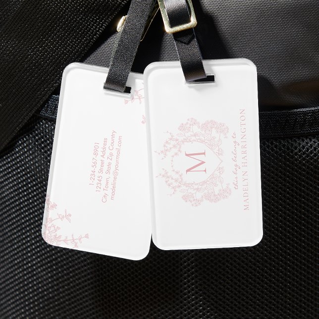 Étiquette À Bagage Monogramme de poitrine florale rose pâle classique (Créateur téléchargé)