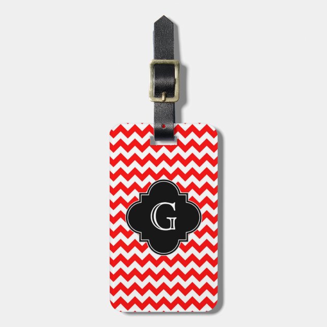 Étiquette À Bagage Monogramme de Quatrefoil noir blanc rouge clair Ch (Devant Vertical)