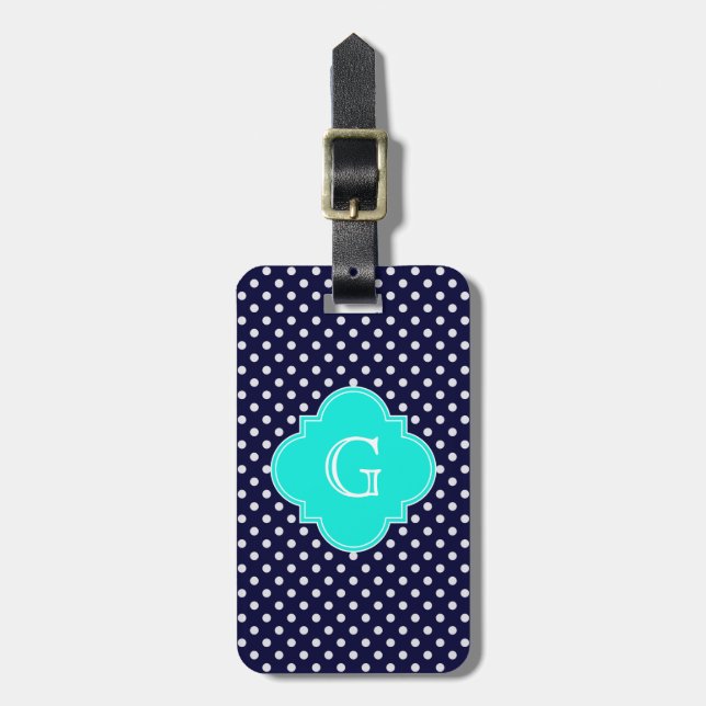 Étiquette À Bagage Monogramme de Quatrefoil Polka Pot Aqua (Devant Vertical)