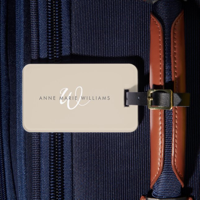 Étiquette À Bagage Monogramme de script blanc marron moderne  (Insitu Rectoal 4)