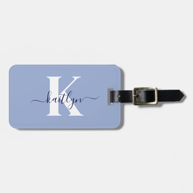 Étiquette À Bagage Monogramme de script bleu moderne (Devant horizontal)