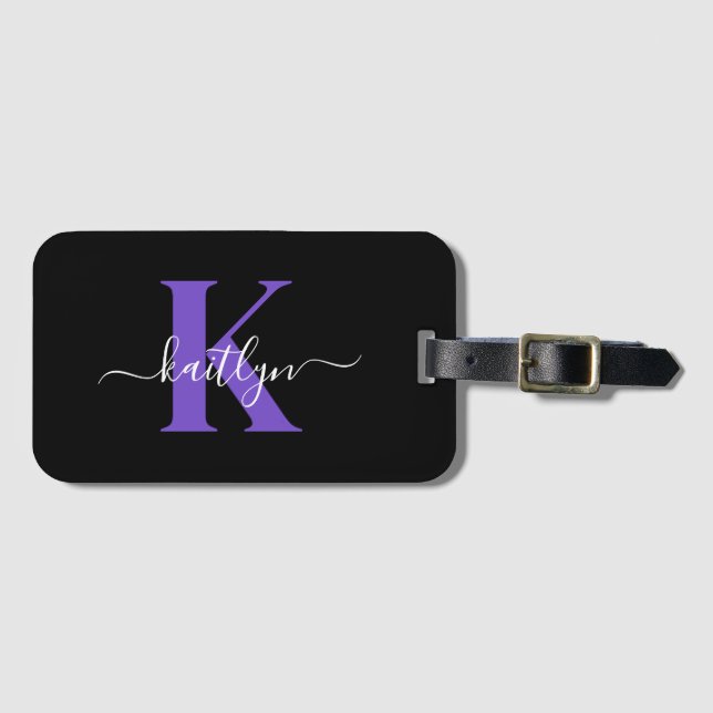 Étiquette À Bagage Monogramme de script moderne violet noir (Devant Horizontal)