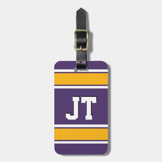 Étiquette À Bagage Monogramme de sport violet et or (Devant Vertical)