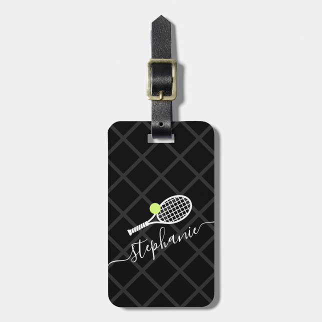 Étiquette À Bagage Monogramme de tennis de nom personnalisé (Devant Vertical)