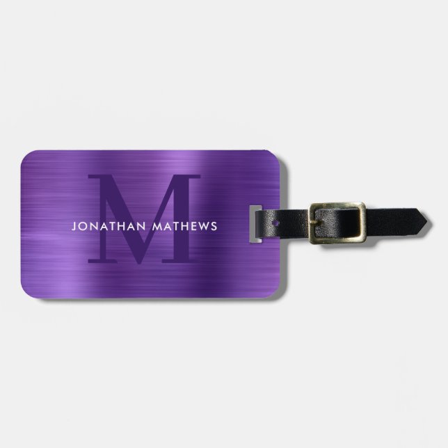 Étiquette À Bagage Monogramme de violet métallique brossé moderne (Devant horizontal)