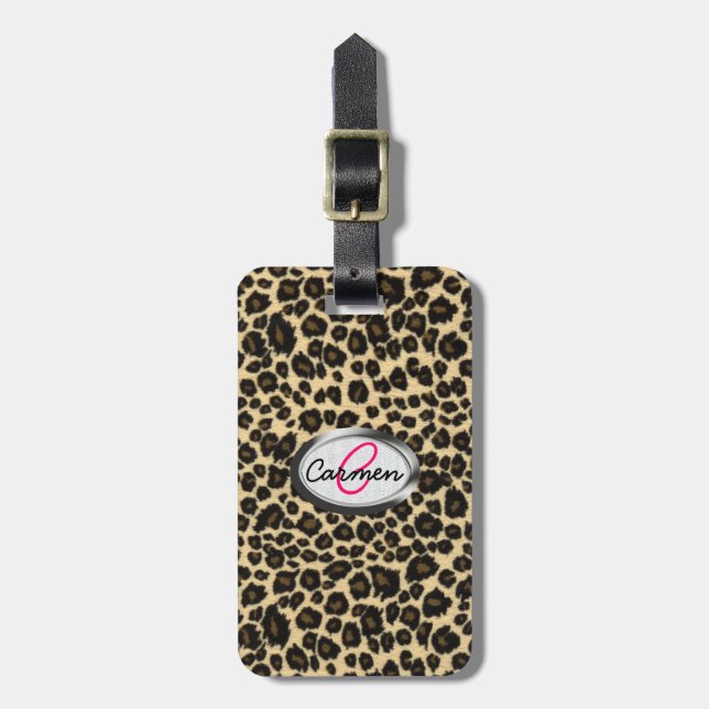 Étiquette À Bagage Monogramme d'empreinte de léopard (Devant Vertical)