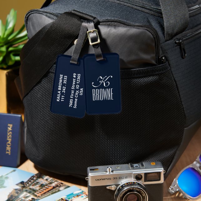 Étiquette À Bagage Monogramme | Design bleu marine personnalisé | (Recto & Verso)