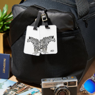 Étiquette À Bagage Monogramme d'illustration Jaguar noir et blanc