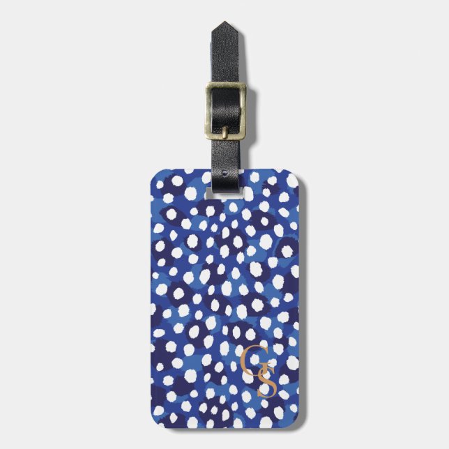 Étiquette À Bagage monogramme d'impression chic bleu et blanc de guép (Devant Vertical)