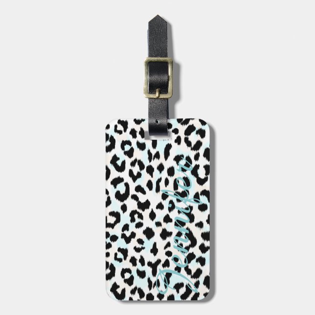Étiquette À Bagage monogramme d'impression chic de guépard noir et bl (Devant Vertical)