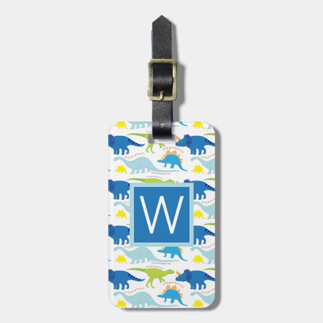 Étiquette À Bagage Monogramme | Dinosaures bleus (Devant Vertical)