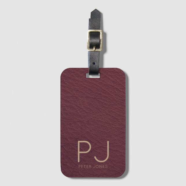 Étiquette À Bagage Monogramme d'or personnalisé Cuir bordeaux simple (Devant Vertical)