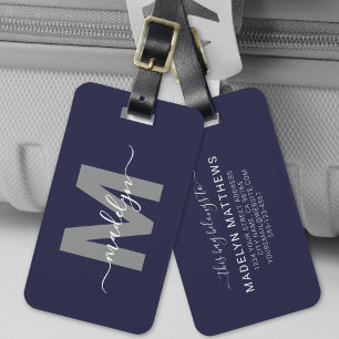 Étiquette À Bagage Monogramme Élégant Bleu Marine