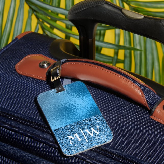 Étiquette À Bagage Monogramme Elegant Blue Sparkle Parties scintillan (Insitu Rectoal 1)