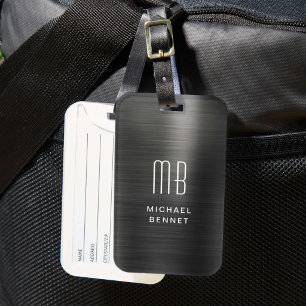 Étiquette À Bagage Monogramme Élégant Métal Brossé Noir